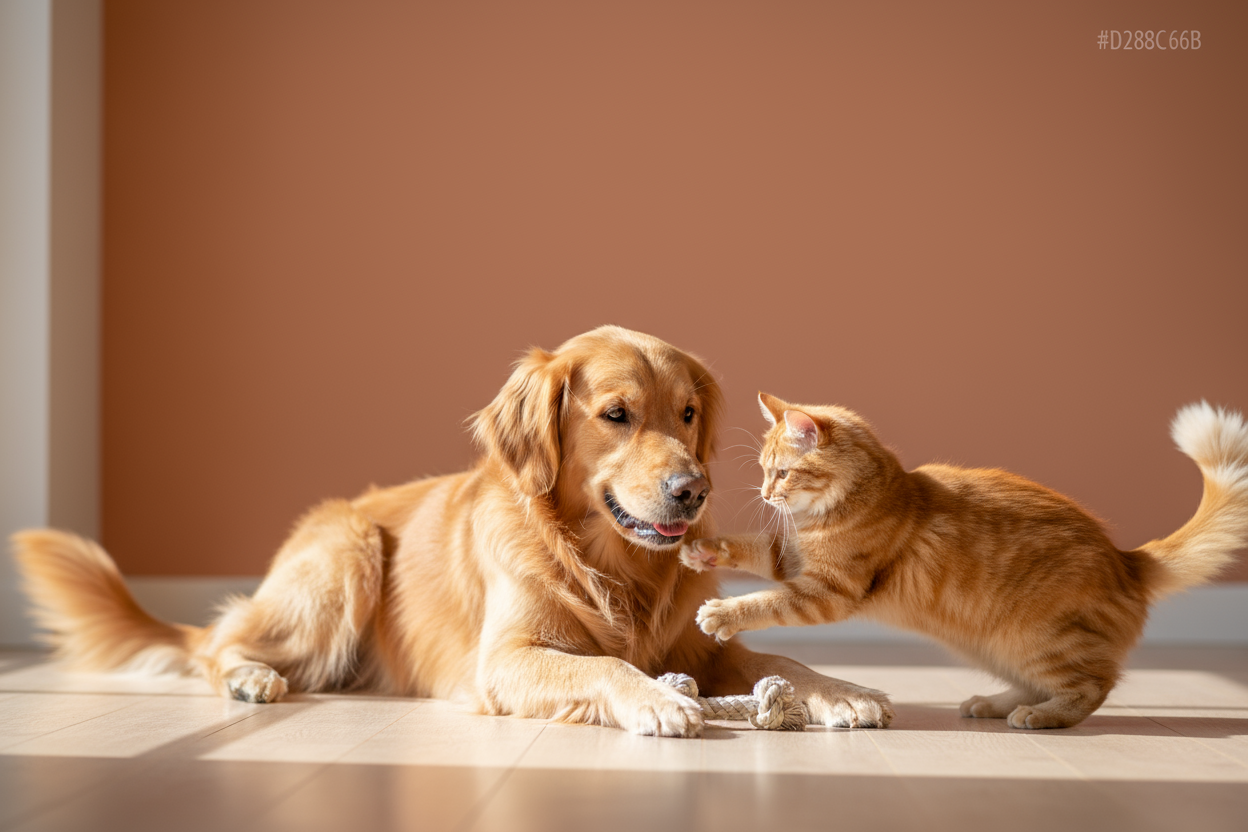 cat beside a dog playing in background color D28C6B